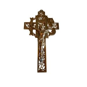 Vintage Brass Wall Crucifix With IHS Symbol & Intricate Details